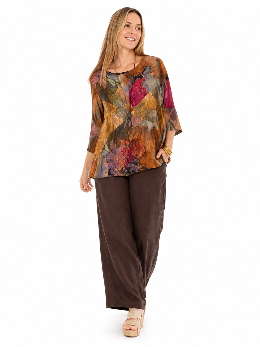 Artsy Watercolor Floral Tunic Blouse M Boho Lagenlook Wearable Art Fall Vintage